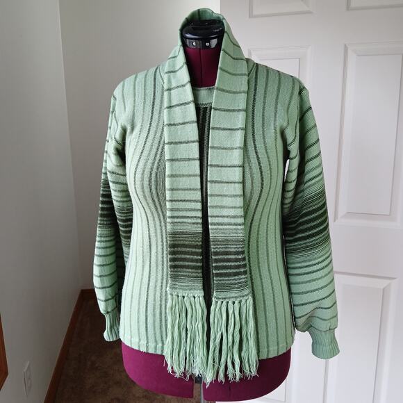 Pear Blossom Vertical Striped Sweater and Scarf Set Medium VTG 70s green black - Picture 2 of 16